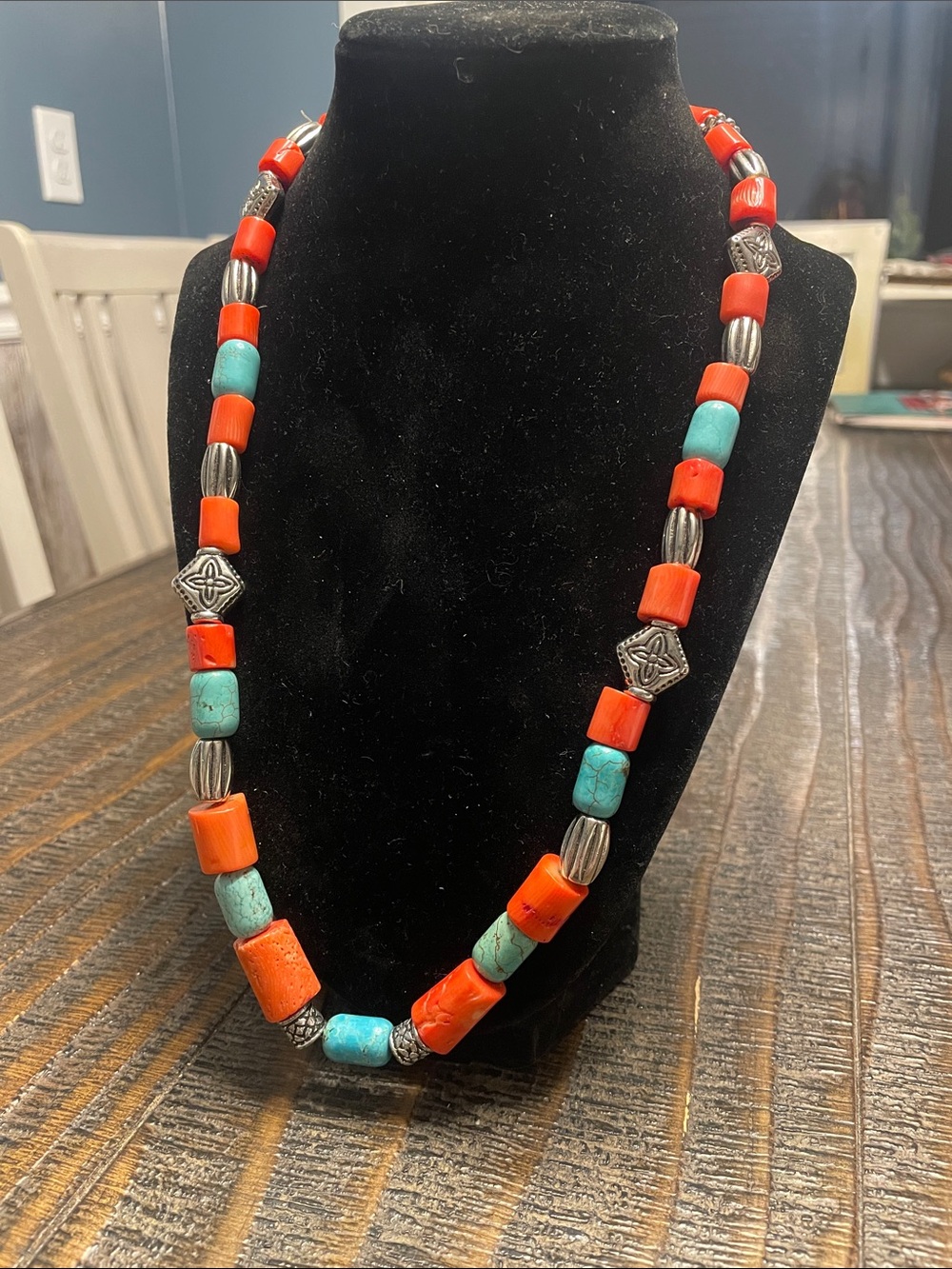 Turquoise Howlite, Silver and Coral Beaded Women’s Necklace